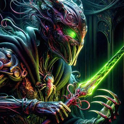 The primary subject of the image is a character, possibly a demon or a creature with a green glow, holding a sword. The setting appears to be a dark, possibly underground, environment. The visual style of the image is digital art, with a focus on the character and the sword. The colors and mood of the image are predominantly dark and mysterious, with the green glow adding a touch of eeriness to the scene.